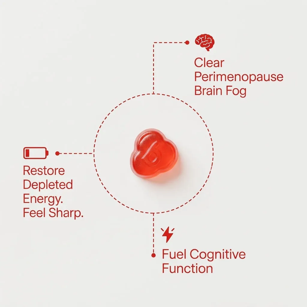 Ember gummy with callouts — clear perimenopause brain fog, restore depleted energy, fuel cognitive function